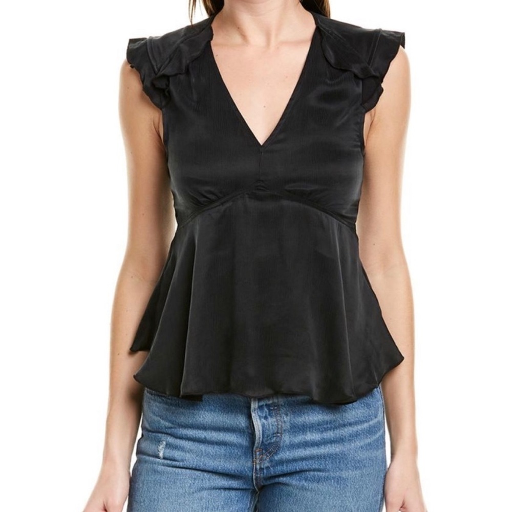 Women’s Black Satin Ruffle Short Sleeve Blouse Top